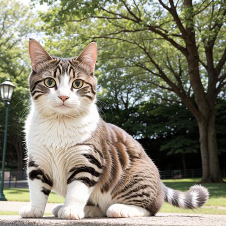 RAW photo, absurdres, high quality, photorealistic, 
a portrait of a cat, looking at viewer,
outdoors, park, sunlight, photo background,
photo realism, ultra-detailed, 50mm, f1. 4, 8k uhd, film grain