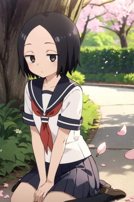 Tsukimoto_sanae, 1girl, solo, black eyes, black hair, short hair, forehead