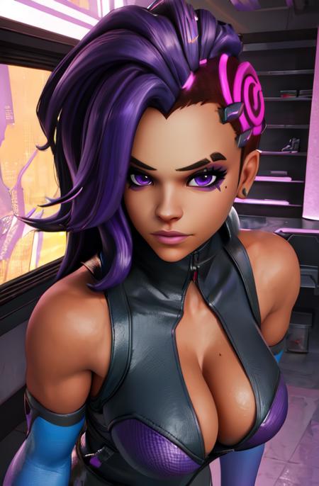 sombra, purple hair,  purple eyes, 
elbow gloves,  pantyhose,   purple bodysuit,  hips, 
 upper body,  looking at viewer,  cleavage, 
night,  indoors, 
(insanely detailed, beautiful detailed face, beautiful detailed eyes, masterpiece, best quality),solo, 
cyberpunk,  <lora:sombraOW2-10:0.8>