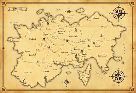 Elegant map of a vast fantasy world with an old, vintage feel. Minimalist design, aged parchment texture, delicate borders. Elegant calligraphy for labels, classic cartography style. Text in runes. Smooth coastlines, rivers, hills, mountains and forests. Small towns, castles, and ports marked with basic icons. Intricate compass rose, subtle grid lines. Muted colors, sepia tones, and faded ink for an ancient, timeworn appearance. Map exudes an air of history and elegance, like an artifact from a forgotten era.