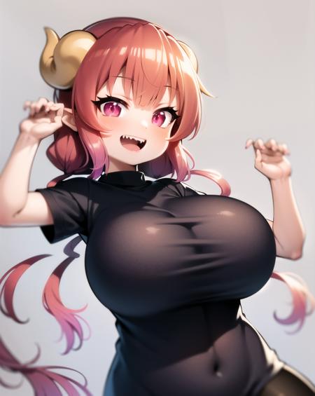 masterpiece, high quality, best quality, 
 <lora:ilulu-01:1>
ilulu, 1girl, solo, looking at viewer, smile, open mouth, shirt, upper body, teeth, pink eyes, gradient, torn clothes, black shirt, sharp teeth, claws, deep skin, torn shirt,long shirt,