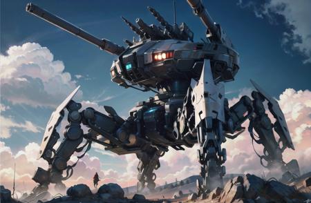 <lora:quadruped mechasV2:1>, 8k wallpaper, masterpiece,Cinematic Lighting, best quality,Illustration,detailed face depiction,dramatic angle,
mecha \\\(flegs\\\), mecha,robot, science fiction, mecha, no humans, outdoors, cloud, sky, scenery, military, bird, non-humanoid robot, signature