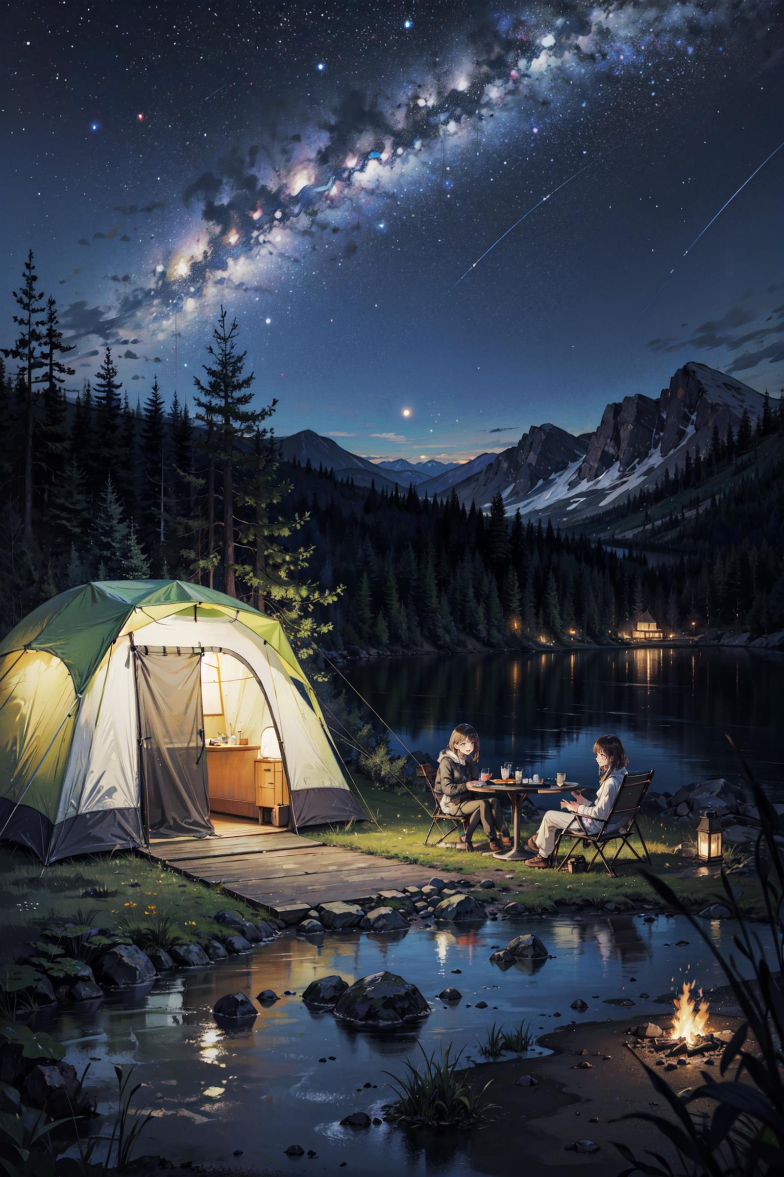 A camping scene with two people sitting by a lake under a starry sky.