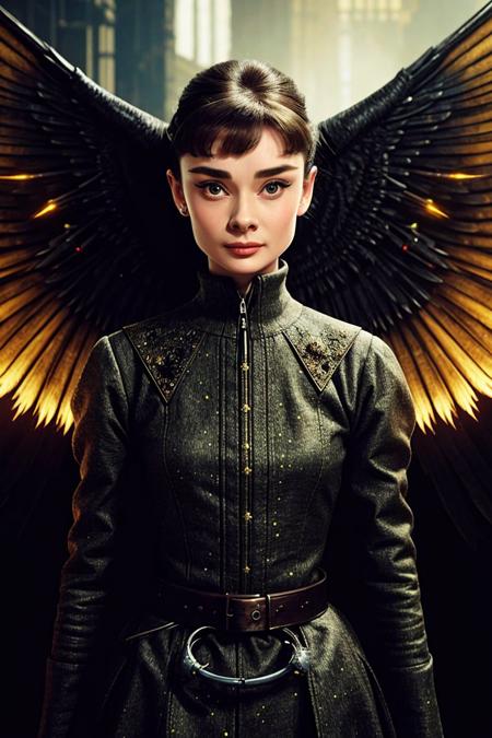 <lora:AudreyHepburn_v1-000014:.9> AudreyHepburn (style-rustmagic:0.8), portrait, solo, (full body:0.6), looking down, detailed background, detailed face, tech-wizard, technomancer, movement, [magic|technology], intertwining of spellcraft and technology, detailed [enchanted robes|engineering equipment], implants, mechanical wings, [electric sparks|ancient sigils], tinkering], [electric|mystical] aura, futuristic observatory in background, <lora:LightingVFX:0.2>, backlighting,