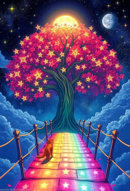 tree,stars,glow,night,cosmic,life,star,xenoblade,chronicles,scenic,desktop,nontextual,matter,abstraction,art,outline,abstract,chibionpu,tableau,arbre,peinture,moon,stars,,glow,fantasy,,night,tree,lantern,picture,color,,clouds,,light,,,,photo,revue,landscape,sylar,rainbow,brilliant,acid,mystic,kits,pink,,petals,,meditaie,,unificrii,conectare,mama,upscale,,number,<lora:wegg:1.0>,Envision a vast, vibrant rainbow bridge spanning a celestial realm. At one end, picture a magnificent orange tabby with medium-long fur,approaching with gentle curiosity. On the opposite side, imagine an althletic sleek tuxedo-patterned cat (95% black), adorned in striking black and white markings, standing with a sense of presence. Reflect on the essence of their encounter amidst the ethereal backdrop, reminiscent of the Rainbow Bridge from Pixar's Coco. The image represents a scene of the orange cat recently dying and leaving the world of the living via the rainbow bridge and seeing his loved one waiting for him on the bridge., wildlife photography, vibrant, architecture, 3d render, cinematic
