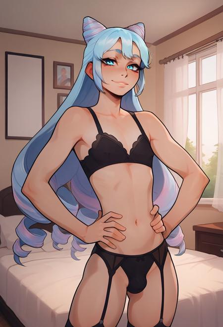 score_9, score_8_up, score_7_up, 1femboy, trans, EPfeRosado, blue hair, multicolored hair, blue eyes, very long hair, pink hair, twin drills, drill hair, hair bun, cone hair bun, flat chest, alone, seductive look, seductive smile, perfect eyes, looking at viewer, eye contact, bedroom, house bedroom, bed, standing, hand on hip, lingerie, black lingerie bra, black lingerie panties, small bulge
