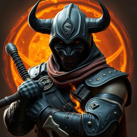Create a 4K, highly detailed, and lifelike image of a grimdark armed ninja character from Mortal Kombat, set against an amber crystal circle background. Incorporate elements of Asian black bull features. The character should wear leather armor with bones and be depicted in a full-body portrait, with a focus on micro details and adherence to the golden ratio. The style should be reminiscent of a dark, dramatic oil painting with cinematic lighting.