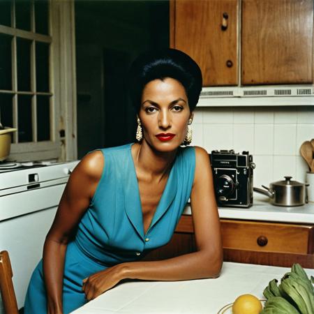 A portrait of a beautiful mother in her early forty African-American mother in the kitchen {{highly detailed }} 
{{Straight dark hair}} {{shot with vintage retro digital camera}} {{slightly inappropriate cloth}}
{{Taken by Helmut Newton}} {{color photo}}