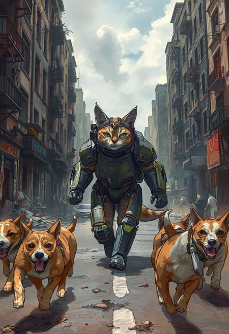 masterpiece, highly detailed, scene of an armored cat scaring a pack of dogs. The cat is wearing mech armor with a headset but no mask. It is marching down the street of a ruined city. Buildings and the road are damaged in the post apocalyptic world. Several dogs are seen in the frame running in fear of the armored cat. The cat is seen at a three-quarter view. The style of the work is painted anime with cartoon effects. The work is panted with very high detail and gentle brushstrokes. High detail, absurdres, dynamic pose, dynamic angle