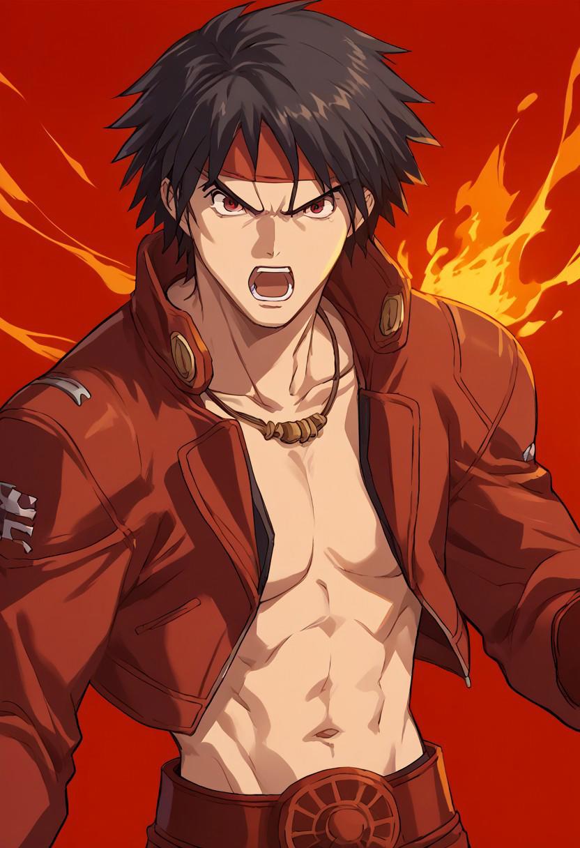 score_9, score_8_up, score_7_up, source_anime, 
1boy, solo, black hair, short hair, red eyes, headband, necklace, shirtless, jacket, fighting stance, fire, red background, cowboy shot, serious, open mouth, screaming