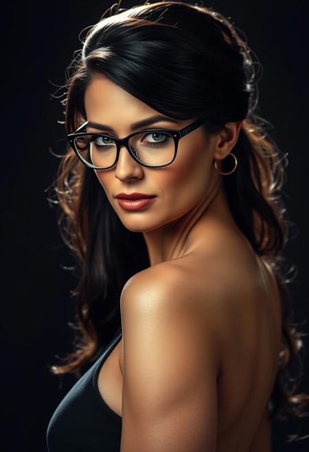 A captivating, elegant, and dominant 45-year-old Caucasian woman, exuding confidence and allure. She has long, flowing black hair styled in a sophisticated updo, framing her face and drawing attention to her piercing green eyes. Her gaze is intense, locked onto the viewer with a sensual, sure-of-herself expression. She wears a pair of elegant, intellectual glasses that enhance her allure. Her makeup is professionally applied, emphasizing her natural beauty with a touch of sophistication. She is dressed in a form-fitting, sexy, yet elegant dress that accentuates her gorgeous curves. The lighting is dramatic, casting shadows and highlights that emphasize her confident and alluring persona.