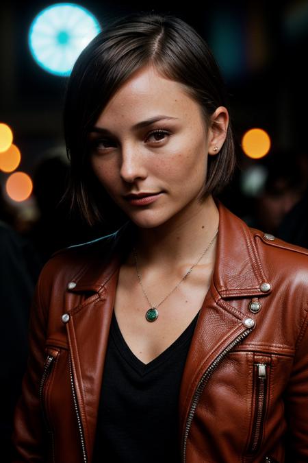 photo of fit (br1ana3v1gan-135:0.99), a beautiful woman, perfect short hair, (modern photo), (Earthy Red leather jacket and long sleeve top), closeup portrait, 85mm, (analog, cinematic, film grain:1.3), (A vibrant, neon-lit dance club with a disco ball:1.1), detailed eyes, seductive pose, (epicPhoto), (looking at viewer:1.1), jewelry, (cinematic shot:1.3)