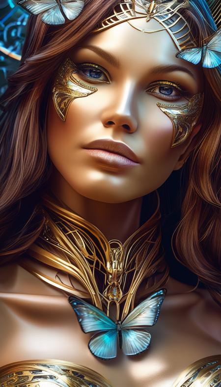 (best_quality),(ultra_detailed), photo, 8k portrait of beautiful cyborg with brown hair, intricate, elegant, highly detailed, majestic, digital photography, art by artgerm and ruan jia and greg rutkowski surreal painting gold butterfly filigree, broken glass, (masterpiece, sidelighting, finely detailed beautiful eyes: 1.2), hdr, realistic, high definition, <lora:portrait:1>