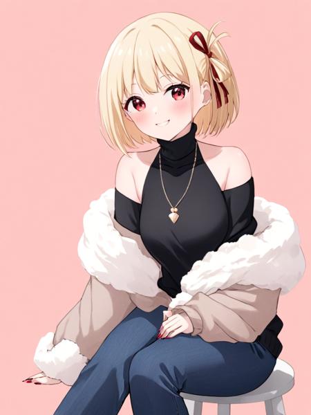 <lora:qianshux_xl:1>,1girl,solo,nishikigi_chisato,blonde_hair,red_ribbon,hair_ribbon,smile,ribbon,short_hair,sweater,sitting,red_eyes,bangs,looking_at_viewer,pants,jacket,jewelry,black_sweater,blue_pants,red_nails,closed_mouth,turtleneck,fur_trim,turtleneck_sweater,one_side_up,sleeves_past_wrists,long_sleeves,nail_polish,necklace,off_shoulder,stool,simple_background,pink_background,bob_cut,white_background,fur-trimmed_jacket,blush,