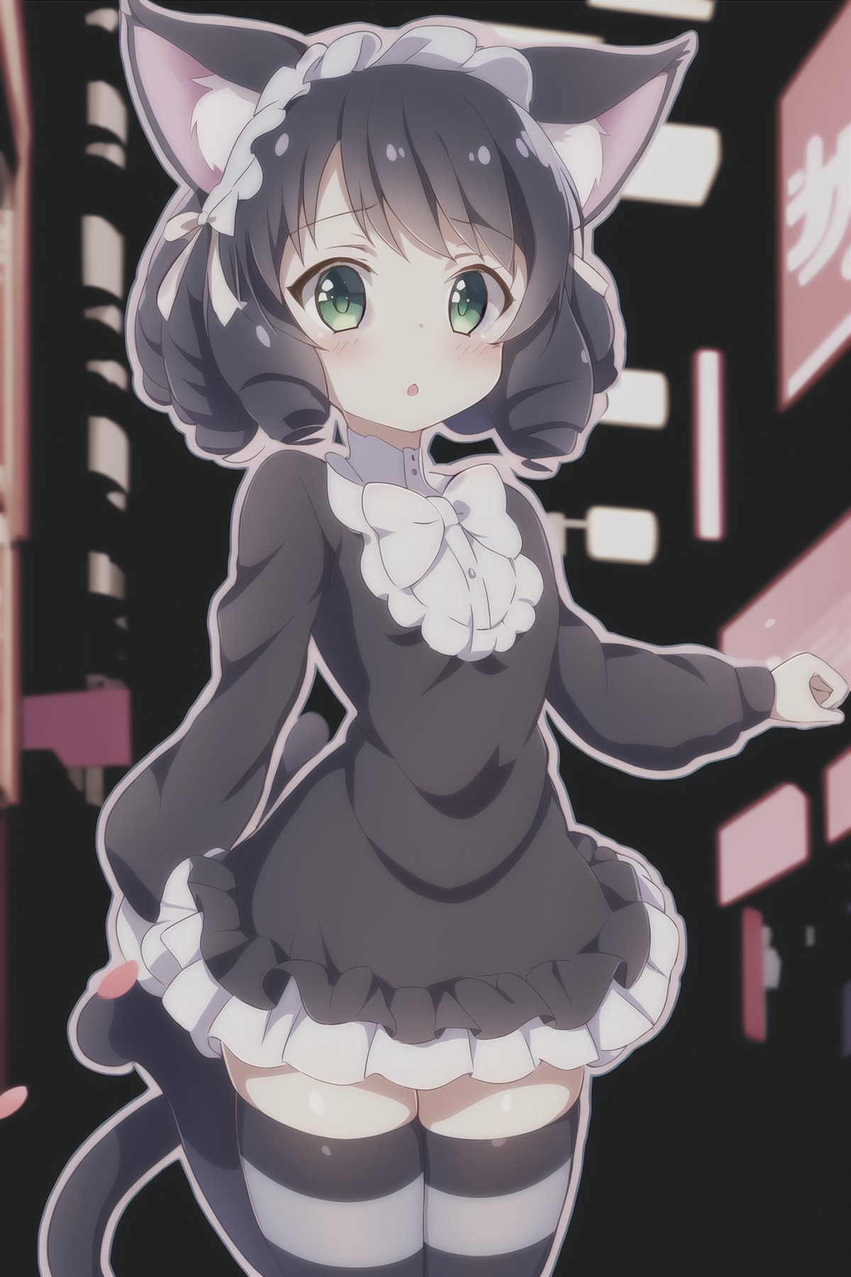 1girl, show_by_rock, cat ears, short black hair, street background, striped stockings, cat tail, dress, green eyes, curly ...