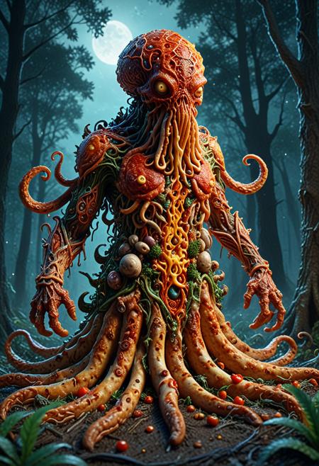 Cthulhu made from pizzasdx, marching through a moonlit forest.

intricate, ambient lighting, highly detailed, trending on artstation, sharp focus, vibrant triadic colors, horror, magical, ethereal, vivid, detailed, depth of field, soft lighting, digital art, surreal, masterful, intricate, photorealistic, dramatic angle, high resolution, trending on Instagram,