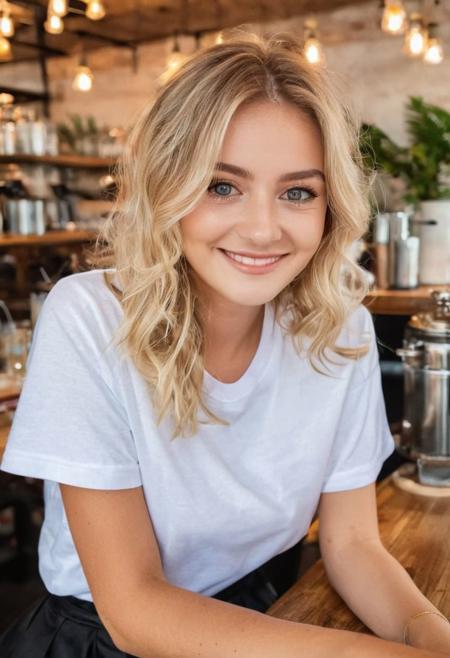 ((wave hands)), little smile,  inside a cafe, ((Blonde hair)), in a cafe, ((white t-shirt and black mini skirt)) , best quality, expressive eyes, perfect face,