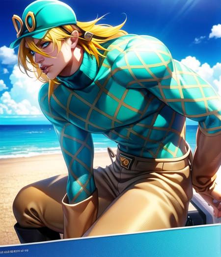 manga artwork, diego brando, araki hirohiko (style), 1boy, solo, parted lips, boots, hat, sweater, green shirt,  long_sleeves, blonde hair, v-shaped_eyebrows, masterpiece, best quality, ultra-detailed detailed, detailed digital artwork, hi res,  blue sky, sea,  beach, beautiful, <lora:diego brando8:0.97>