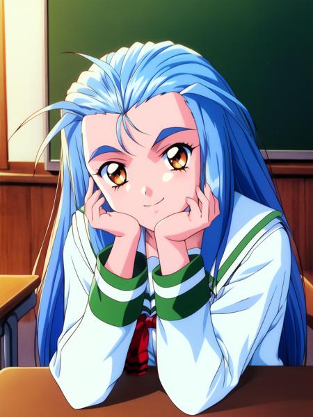 <lora:Minazuki_Kotoko:1> MinazukiKotoko, 1girl, solo, school uniform, blue hair, long hair, smile, brown eyes, 1990s (style), classroom, retro artstyle,  long sleeves, looking at viewer, head rest, serafuku, cowboy Shot,
masterpiece, high quality, very_high_resolution, large_filesize, full color,