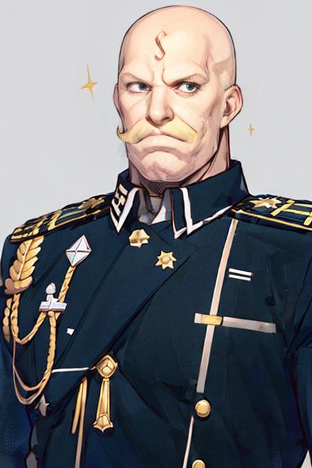 1boy, armstrong,<lora:Chara_armstrong:0.8>,( upper body:1.2) , strong, (amestris_military_uniform:1.3), bald, blonde mustache