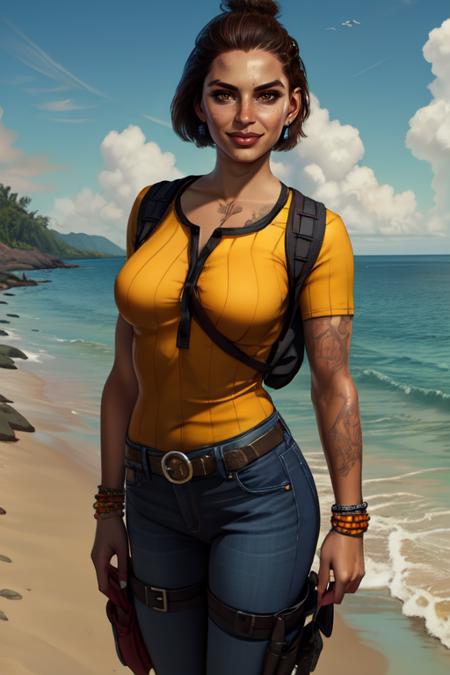 dani, solo,short hair,brown hair,lips,black hair.brown eyes,chest tattoo,hair bun ,
Rojas, pants,earrings,denim,jeans,holster, belt ,bracelet, yellow shirt, shoes,
standing, upper body,  looking at viewer, smirk, 
beach shore, morning,
(insanely detailed, beautiful detailed face, masterpiece, best quality),
  <lora:DaniRojas:0.8>