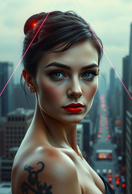 8k,highres,absurdres,masterpiece,best quality,original,extremely detailed CG,extremely detailed wallpaper,perfect lighting, half body portrait od Audrey Hepburn,
city,Orbital refraction,science fiction,day,triangle,1girl lookalike audrey hepburn,abstract,tattoo,closed mouth,axis vertices,robot joints,Illusory palinopsia,colored skin,glowing eyes,spot color,Close-Up,simple_background,<lora:Pixel_Gravy:0.7>,