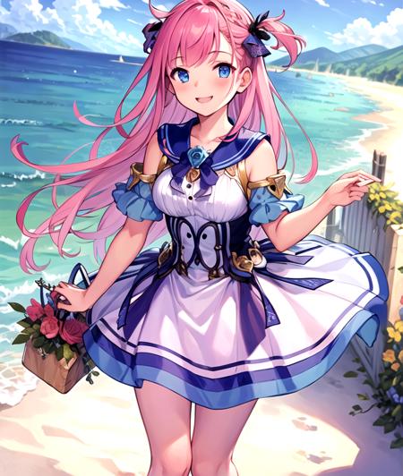 masterpiece,best quality, <lyco:C&R:0.8>,(lightful color),long pink hair,one girl,young,solo,Rosa,blue eyes,skirt.smile,sea,blue sky