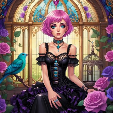 A vibrant anime-style illustration of a young woman with short pink hair and expressive teal eyes, sitting gracefully inside a golden birdcage. She wears an elaborate black and purple gothic-inspired dress with intricate ruffles, lace accents, and gem-like ornaments. Her outfit is adorned with a choker and straps featuring metallic buckles. Surrounding her are sparkling multicolored crystals, floating and refracting light, adding a magical atmosphere. The birdcage is decorated with vibrant blue roses and purple flowers, and a small white bird perches nearby. In the background, a luxurious greenhouse with large stained glass windows and a view of a lush garden is visible. A well-dressed man with silver hair stands outside the cage, looking contemplative. The lighting is dynamic, with colorful reflections and soft sunlight streaming in, enhancing the overall ethereal and luxurious ambiance.