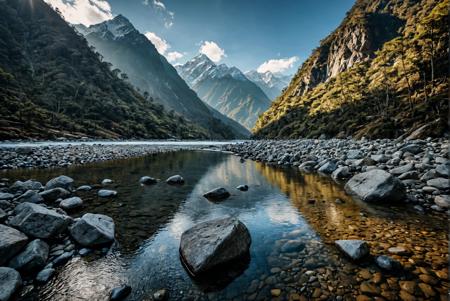 Landscape Photography, 14mm wide angle lens, Cinematic scene of (Himalayan Landscape, Sikkim, Lachung River), aesthetic, natural colors, (sharp focus:1.5), natural light, glare, Volumetric Light, intricate details, highly detailed, Super Resolution, Tranquility, Octane Rendering, <lora:add-detail-xl:2>,  <lora:RMSDXL_Darkness_Cinema:1.5> , <lora:RMSDXL_Enhance:0.5>, photographed on a Sony A7R IV, 14mm F/11 Cine lens
