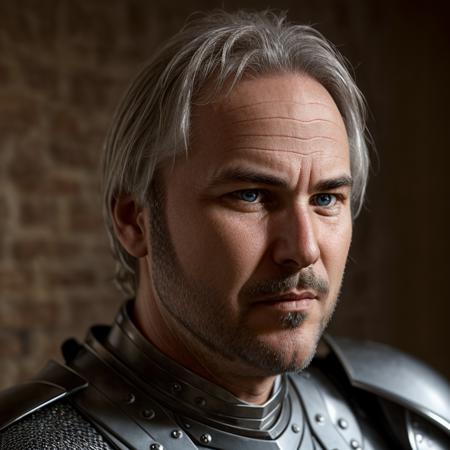 1boy, man, solo,( frpi:1.2), grey hair, long hair, male focus, BREAK,
(blue eyes:0.5), facial hair, looking at viewer, portrait, focus on face, simple background, metal armor, close up,<lora:Franck_Pitiot_-_Perceval_Kaamelott:1>