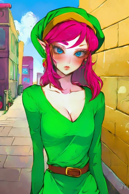 sidewalk, buildings, street, 1girl, (prettyeyes), solo, blush, looking at viewer, <lora:GoodHands-vanilla:1>, pink-link, red hair, blue eyes, green hat, green tunic, cleavage, yellow sleeves, long sleeves, belt, <lora:Pink-Link-iA3-captions-step00001500:0.95> <lora:PsychoMode:1> style by nty, a woman