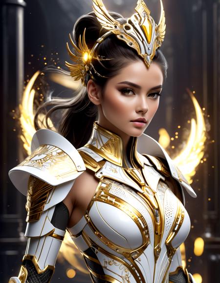 masterpiece, best quality, absurdres, digital art, 3d render, 3d graphics, 
A stunning image showcases a young woman in an elaborate, futuristic outfit that combines elements of armor and high fashion. Her suit is predominantly white with intricate silver and gold patterns, featuring bold yellow accents that add a vibrant contrast. The outfit is form-fitting, highlighting her figure, and includes detailed, ornamental designs that suggest both elegance and strength. She wears a unique headpiece with white and gold elements, complementing her dark hair styled in a high ponytail.
The background is dynamic and intense, with a smoky atmosphere and colorful sparks or embers flying through the air, hinting at a dramatic, action-packed setting. Her expression is calm and composed, exuding confidence and determination as she strides forward, making her presence both commanding and captivating.