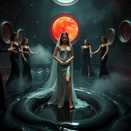 high-society elegant slender norvegian  rich   innocent young bride wearing   glossy silver high heels and glossy transparent slime  high slit wedding gown with matching long veil. She posing  in center of the floor hole, filled with glossy black slime, surrounded by arrogant ladies wearing elegant black gowns and high heels, pulling her toward  giant slime covered glossy red foil breeding  pillow, eerie fog that wafts up from the fleshy jelly floor, encased in light beam from the chamber celling, awaiting her alien master, strugging to break free and escape, glossy live wet-look jelly walls, whorish breeding chamber, colossus observation portholes to outer space full of stars, bright red moon, vintage-inspired makeup, long hairs, ultra thin waist, evil grin, porcelain skin, lipstick, red nails, in the style of a haunting, retro-futuristic 1950s sci-fi nightmare, horror, alien space base,