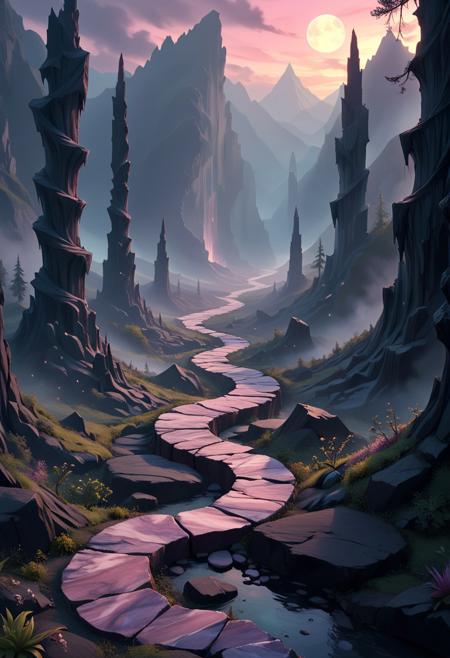 A breathtaking, hyperrealistic digital painting, a surreal, dreamlike landscape, rendered in a whimsical pastel color palette. The planet’s surface is intensely marbled bizarre pillars of stone , casting ethereal shadows across the scene. In the sky clouds drift over the bright and cheerful landscape, Below, a colorful, winding path constructed of polished, smooth crystal material spirals downwards towards the viewer, leading into a dense forest of stone trees, In the far distance is mountain of obsidian, creating a hazy, dreamlike atmosphere., dramatic volumetric lighting, creating a sense of vastness, adventure, and intense exploration – 8k resolution, trending on ArtStation. SDXL_POS, flux-style, aidmamj6.1,