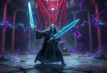 A lich, holding a holy sword emitting dazzling light, stood in the center of the palace hall, fighting against the demon king.
The Demon King was clad in a dark robe, his eyes flashing scarlet light, and his body was surrounded by twisted dark purple magical energy.
The background of the hall is a broken imperial flag and a toppled throne, with dark demonic energy seeping out from the cracks in the ground.
The lich has a cold skull face and is dressed in a robe glowing with blue light. He holds a holy sword high in his hand, and the blade is engraved with ancient runes, emitting pure power of light.
The whole picture is full of tension and epic feeling, with strong contrast between light and dark, symbolizing the ultimate showdown between the lich and the devil.
FHD, Rich in details, masterpiece.
