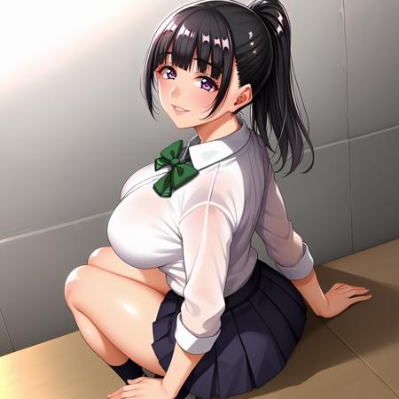 YuiTachibana,1girl,black hair,ponytail,purple eyes,large breasts, white shirt,green bowtie, pleated skirt, thigh,