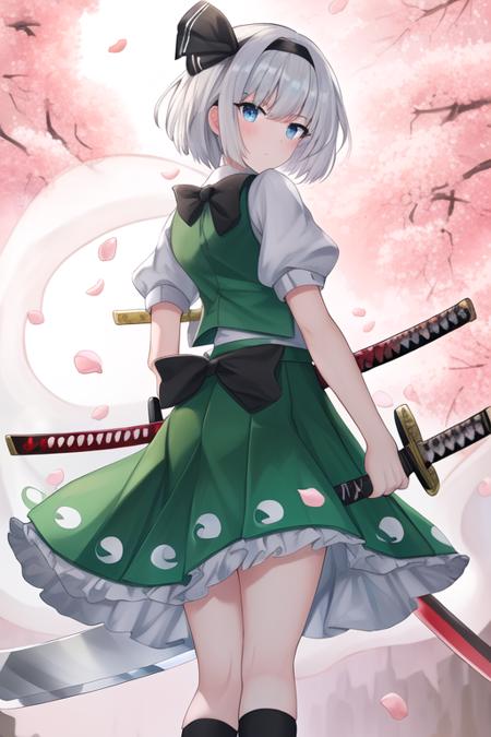 masterpiece, best quality, highres, solo, {konpaku_youmu_touhou:1.10}, short_hair, ribbon, hairband, black_hairband, hair_ribbon, white_hair, black_ribbon, bangs, sword, katana, vest, blue_eyes, green_vest, hitodama, bow, sheath, grey_hair, 1girl, shirt, weapon, white_shirt, black_bow, holding, short_sleeves, bowtie, holding_weapon, puffy_short_sleeves, puffy_sleeves, skirt, skirt_set, green_skirt, holding_sword, black_bowtie, looking_at_viewer, closed_mouth, collared_shirt, petals, cherry_blossoms, sheathed