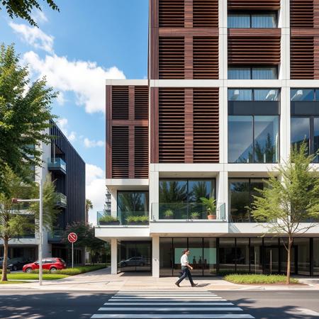 (masterpiece) , (best quality), ((outdoors)), dark wood louver walls, white balcony boxes, glass handrails, architecture masterpeice project, front street view, outdoors, sky,day,cloud,grass,tree,building,scenery,flower, walking,city,car, grass, street, crosswalk,real world location, curtain wall, glass, reflection