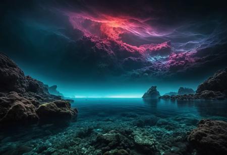 ningen, mythical underwater landscape, ocean, vivid dark colors, high res