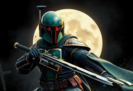 Mirror Swordknight Boba Fett, green & black armor, gold accents, black helmet, red visor, katana. Black magic ritual background. Dynamic action pose, intense stance. Splash ink illustration, octane render, Unreal Engine 5, Raphael style, Houdini style, cinematic lighting, CGSociety, trending on Artstation, golden ratio, 4k, high-res, exceptional quality, lifelike details, super detailed face, beautiful detailed eyes.