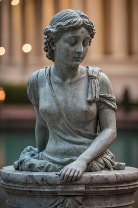 A very detailed masterpiece statue of a drunk girl sleeping, marble, night time, parted lips, in style of Donatello and Michelangelo, detailed textures, bokeh, night lighting, 4k uhd, dslr, soft lighting, high quality, Fujifilm XT3