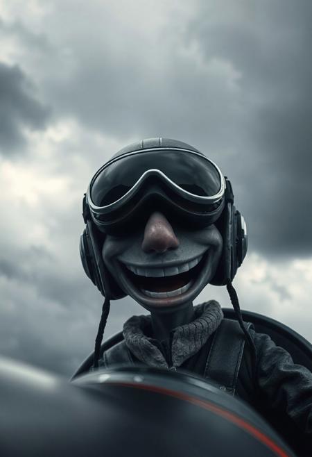 Character in the style of Gorillaz's Demon Days album|grey sky background|stark contrast|((pilot helmet))|eyes covered with dark glass frame|(stylized:1.5). Big mouth, smiling, wide smile, 
Riding plane, cloudy sky, grey sky, dark cloud.
masterpiece, best quality, detailed, realistic, 8k UHD, high quality, lifelike, precise, absurdres, rendered in a cinematic, HDR style, 8K resolution
masterpiece, best quality, detailed, realistic, 8k UHD, high quality, lifelike, precise, vibrant, absurdres, SimplepositiveXLv1, sfw <lora:xl_more_art-full-beta1:0.7>