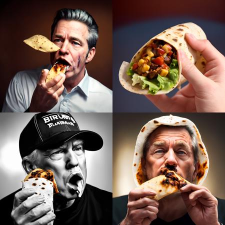 Donald Trump (holding a burrito in his mouth:1.3), (head tilted), (messy:1.3), salsa, stained shirt, messy table, backlit, intricate details, highly detailed, slate atmosphere, (cinematic:1.3), dimmed colors, dark shot, muted colors, film grainy, lut, spooky, detailed face, complex background, intricate background, detailed background, soft light, sharp