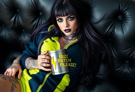 “A high-definition photo of a beautiful 20-year-old goth girl with long, dark purple hair featuring silver highlights, lying seductively on a black leather couch. She wears a dark blue and neon green Pikachu onesie with the zipper slightly open, revealing her curves. She has piercing blue eyes, enhanced by dark eyeliner and metallic plum lipstick, and her body is covered in numerous intricate tattoos across her arms, neck, and chest. She holds a large steel coffee mug with a yellow lightning bolt logo and the words ‘Buzz Bitch Please!’ in bold. 8k detail, full body.”