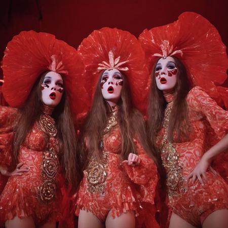 a surreal and movie still close-up-shot, a 1970s Sao Paulo Brazil Theater of the Absurd movement, three gorgeous long hair brunette dancers, wearing oversized exaggerated fake lips, made of bright red plastic, their bodies painted and beaded with whimsical colorful patterns, in a bizarre and hallucinogenic theatre set, dramatic surreal theatrical lighting, Leica M3, 50mm lens