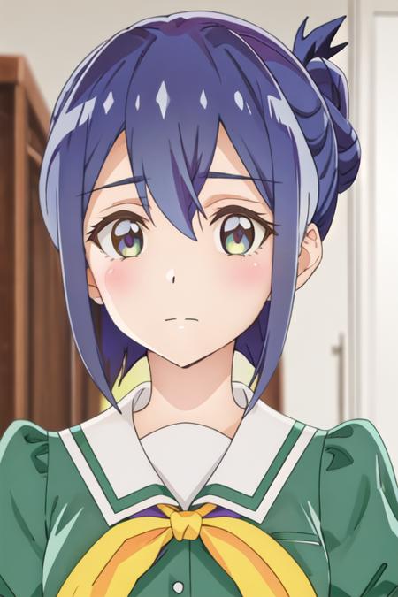 best quality, masterpiece, highres, solo, {mamiya_kanoko_watashinoyuriwaoshigotodesu:1.15}, blue_hair, green_eyes, blush, bangs, closed_mouth, short_hair, purple_hair, 1girl, blurry, blurry_background, close-up, hair_between_eyes, portrait, sidelocks, looking_at_viewer, depth_of_field, food, multicolored_eyes