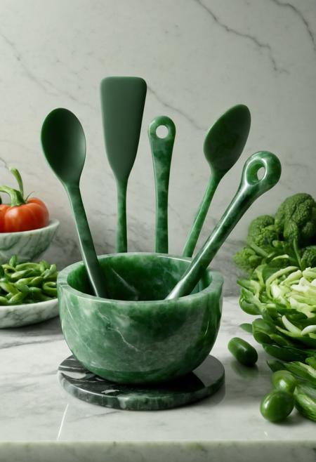A collection of green jade kitchen utensils: a spatula, ladle, and serving spoon, displayed in a jade holder on a marble countertop, surrounded by fresh vegetables, ultra-detailed, photorealistic, 4K resolution <lora:Obsidian_Jade_Style:0.8>
