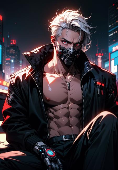 "dark theme :: closeup face focus, ultra realistic futuristic cyberpunk muscular male white hair sitting :: cyberpunk face (cyber eyes) :: cool cybernetic punk jacket red neon eyes :: shirtless:: mechanical intricate mask :: natural lighting :: bokeh :: 8k :: best quality :: masterpiece :: futuristic cityscape background"