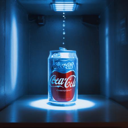 A full-sized, hyper-realistic projection of a cola can, vividly displayed in a well-lit room. The projection shows intricate details of the can, including the shiny aluminum surface, crisp brand logos, and tiny droplets of condensation reflecting the light. The room is modern and minimalistic, enhancing the focus on the holographic cola can, which stands out with its bright colors and life-like appearance. The technology behind the projection is subtly indicated, perhaps through a faint glow or a light beam from a projector device, adding a futuristic touch to the scene, <lora:blue_ar:0.85>,blue