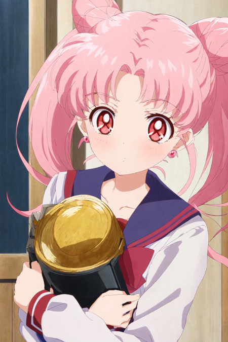 <lora:SM_CRYSTAL:0.9> Crystal Movies Style, 1girl, anime coloring, cone hair bun, double bun, earrings, hair bun, holding, jewelry, looking at viewer, official style, pink hair, red eyes, sailor collar, school uniform, serafuku, solo focus, twintails